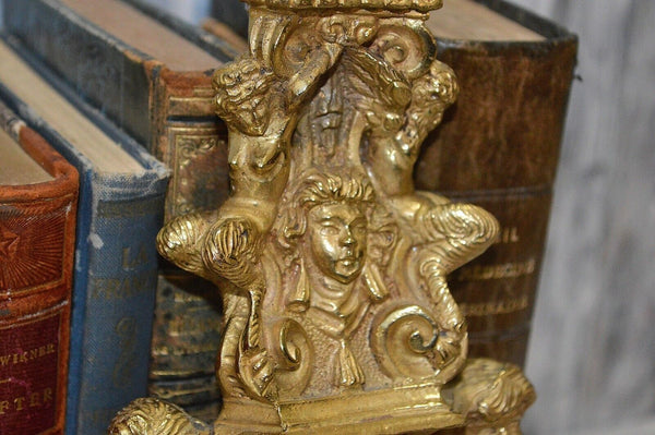 Antique Pair French Brass Andirons Chenets Figural Females Cherubs Satyr Fauns