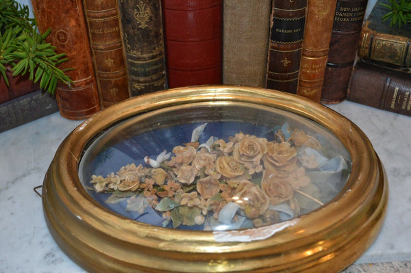 Antique French Floral Wax Bouquet Bird Gilt Frame Convex Glass Wedding