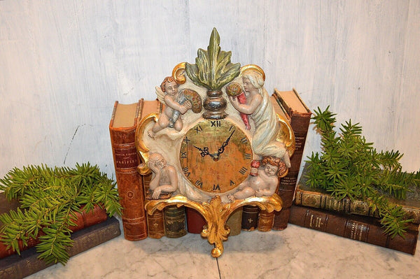 Rare Vintage German Wall Clock Carved Wood Gilt Father Time Cherubs