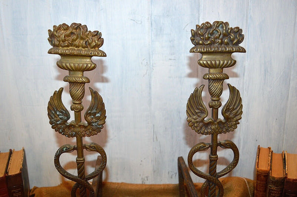 Antique Pair Caduceus Andirons Fireplace Accessory Medical Symbol Snakes Wings