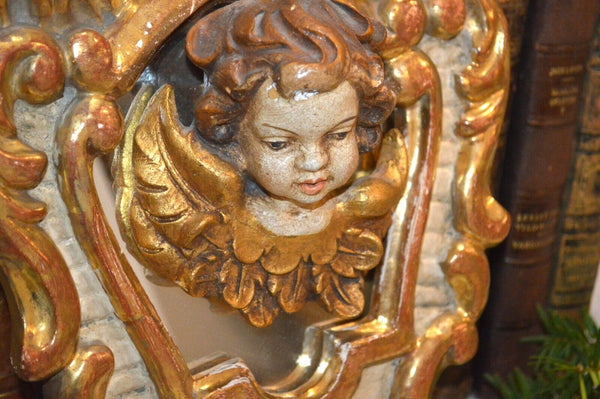 Antique Italian Painted Gilded Carved Wood Mirror and Figural Cherub Putto Head