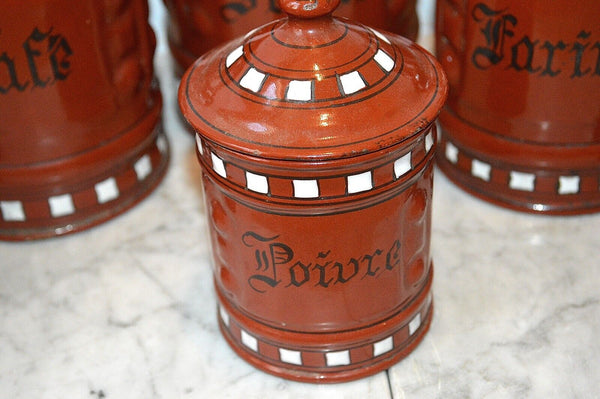 Vintage French Canister Set Red Enamel 6 Pieces Red White Black Enamelware