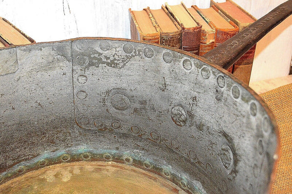 Antique Huge Copper Iron Riveted Pot Pan Wrought Iron Range Dovetailed 17lbs 14"