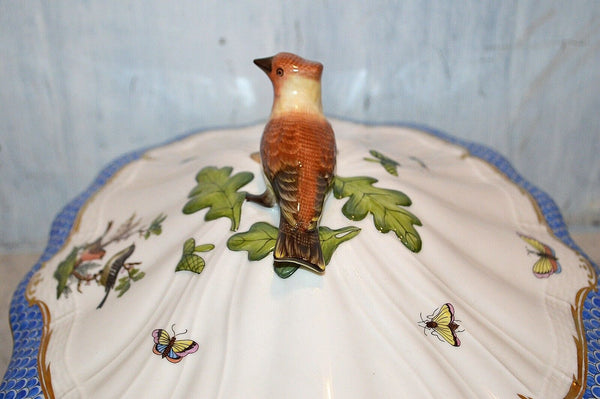 Herend Rothschild Bird Blue Border Tureen With Bird Fishscale 1055