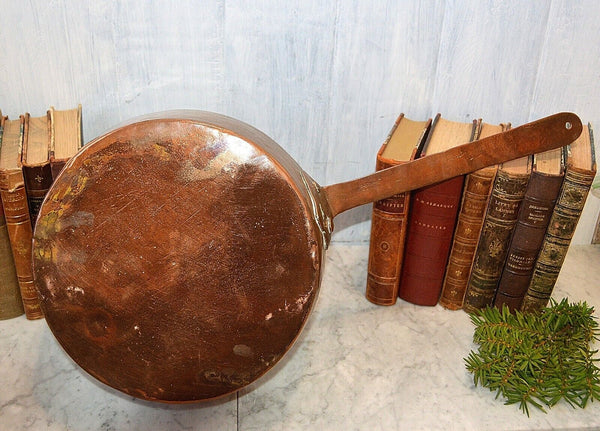 Antique French Copper Tin Large 11" Stock Sauce Pot Pan Kitchen Kettle Cookware