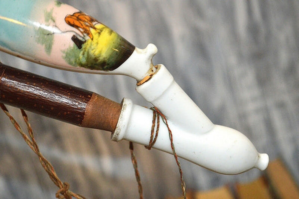 Antique German Hunt Scene Deer Pipe Porcelain Wood Horn Ebony 25"