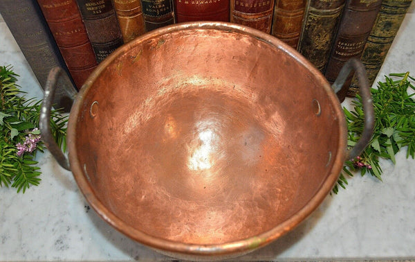 Antique Heavy Copper French Mixing Whisking Bowl Cul de Poule Rolled Edges