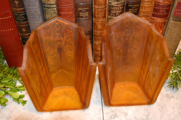Antique Pair Amber Glass Slip Glass Shades Art Nouveau Sconce Light Fixture