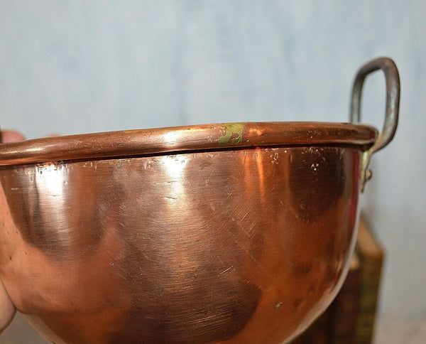 Antique Heavy Copper French Mixing Whisking Bowl Cul de Poule Rolled Edges