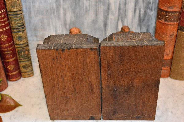 Antique Pair Black Forest Bookends Carved Wood Fireplace Figural Male Female Dog