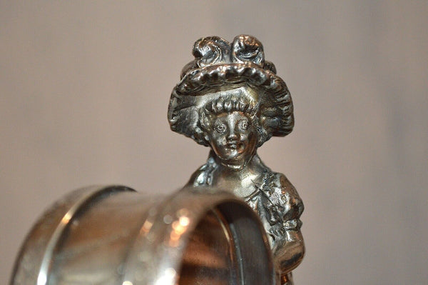Antique Figural James Tufts Girl Dog Silverplate Napkin Ring Kate Greenaway 3306