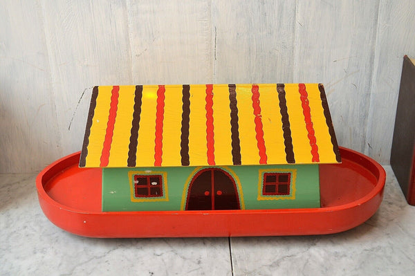 Antique German Noah's Ark Toy on Wheels Wooden 32 Animals Noah and Wife