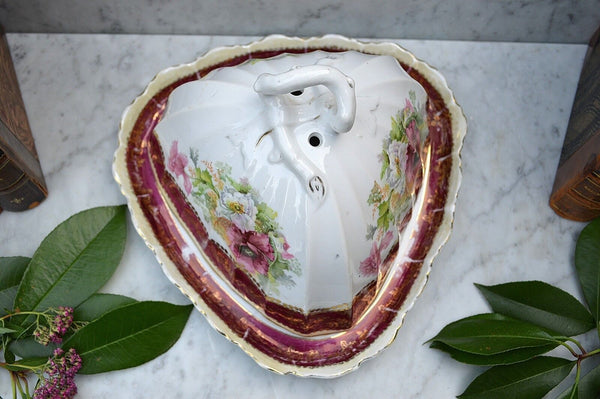 Antique German Cheese Dome Porcelain RW Bavaria Covered Platter Floral Transfer
