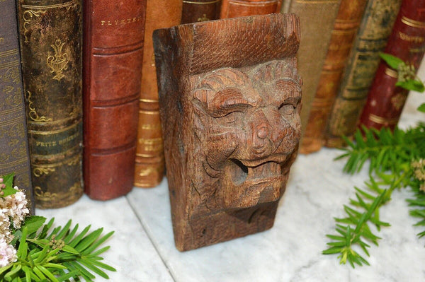 Antique German Black Forest Carved Wood Lion Head Corbel Bracket