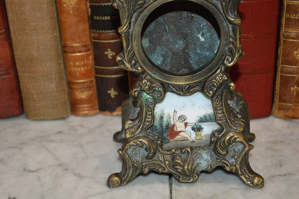 Antique German Small Clock Case Heavy Brass French Style Cherub Porcelain Insert