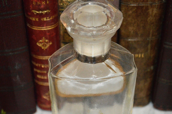 Antique French Apothecary Faceted Glass Bottle Stopper Painted Label Camphorat