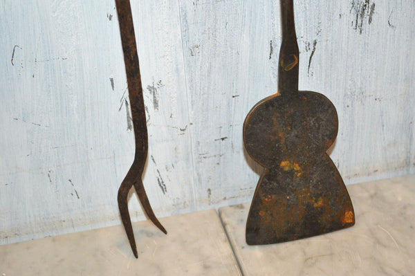Antique Set Wrought Iron Keyhole Spatula Roasting Fork Primitive 19th C Utensils