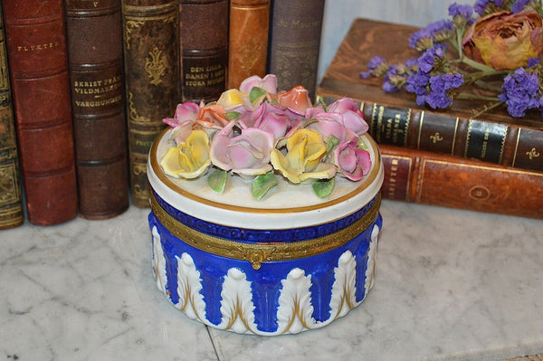 Antique German Porcelain Blue White Roses Jewelry Dresser Box Bronze