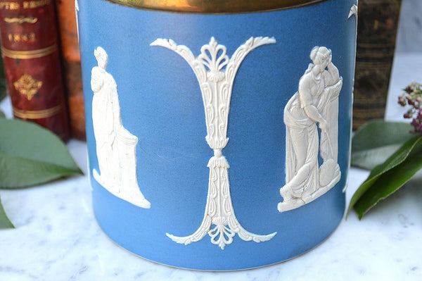 Antique Jasper Dudson England Blue Jasperware Biscuit Barrel Jar Classic Figures