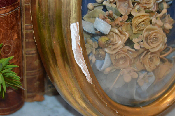 Antique French Floral Wax Bouquet Bird Gilt Frame Convex Glass Wedding