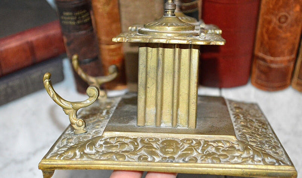 Antique English Brass Gothic Double Inkwell Figural Faces Pen Rest