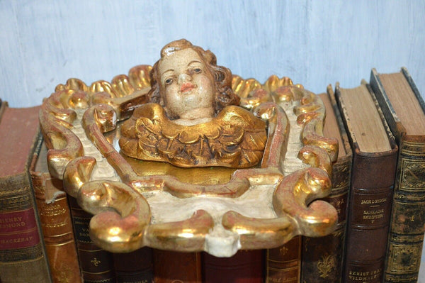 Antique Italian Painted Gilded Carved Wood Mirror and Figural Cherub Putto Head