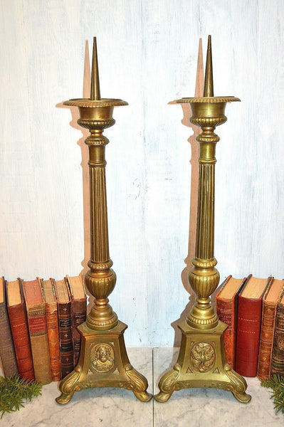 Antique Large French Pair Brass Altar Candle Holders Prickets 28" Jesus Dove