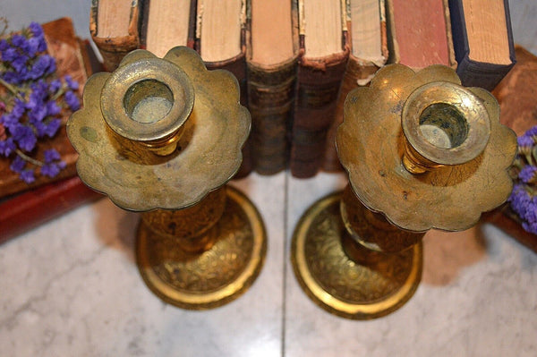 Antique Pair French Gilt Brass Altar Candles Religious Candlesticks