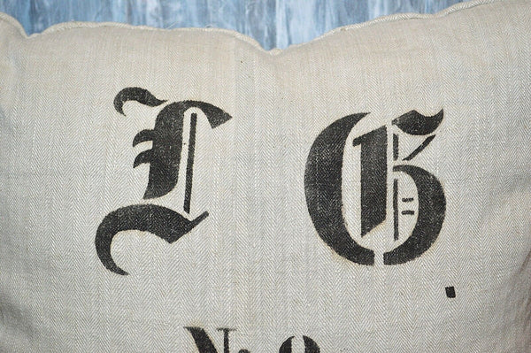 Antique European German Grain Sack Pillow Natural Gothic Letters L G 1927 No. 2