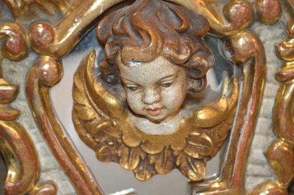 Antique Italian Painted Gilded Carved Wood Mirror and Figural Cherub Putto Head