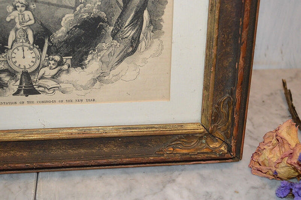 Antique Lithograph Gilded Frame Father Time New New Year Wheel of Time Cherubs