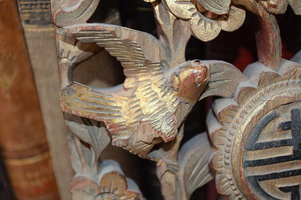 Antique Chinese Wood Gilt Relief Fragment Panel Birds Floral Squirrel Symbol