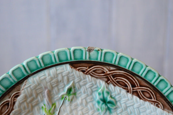 Antique Majolica Plate Morning Glory Napkin Green Brown 1880's