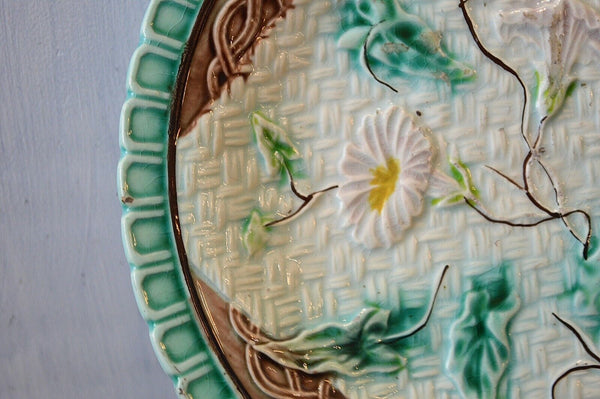 Antique Majolica Plate Morning Glory Napkin Green Brown 1880's