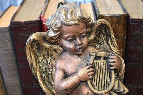 Vintage German Winged Cherub Playing Harp Wax Sculpture Figure