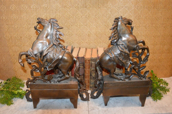 Antique Pair of French Marly Horses Spelter Porcelain Insets Guillaume Coustou