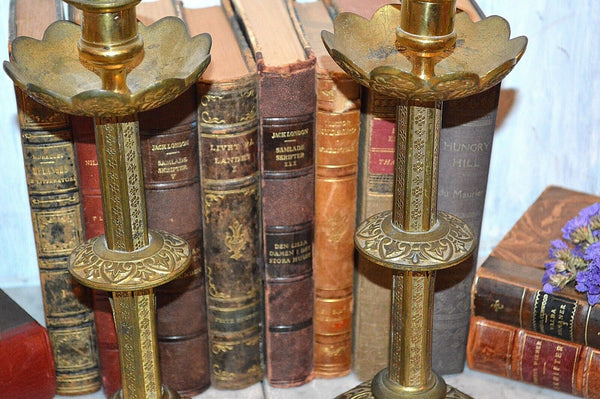 Antique Pair French Gilt Brass Altar Candles Religious Candlesticks