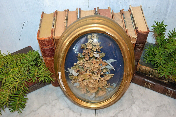 Antique French Floral Wax Bouquet Bird Gilt Frame Convex Glass Wedding