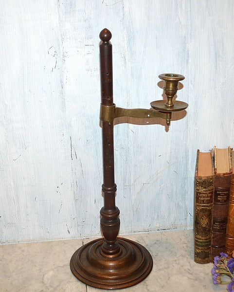 Antique HMS Britannia English Brass & Turned Wood Adjustable Candle Holder