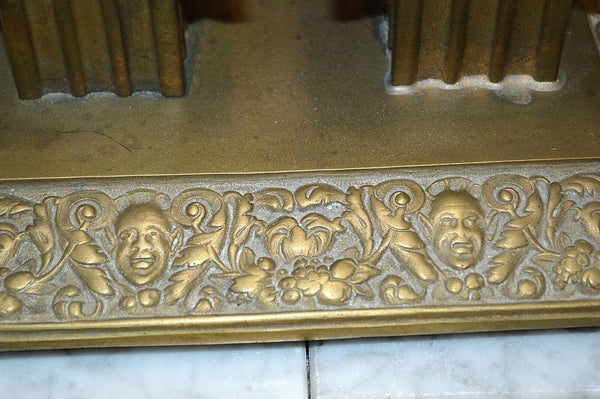 Antique English Brass Gothic Double Inkwell Figural Faces Pen Rest