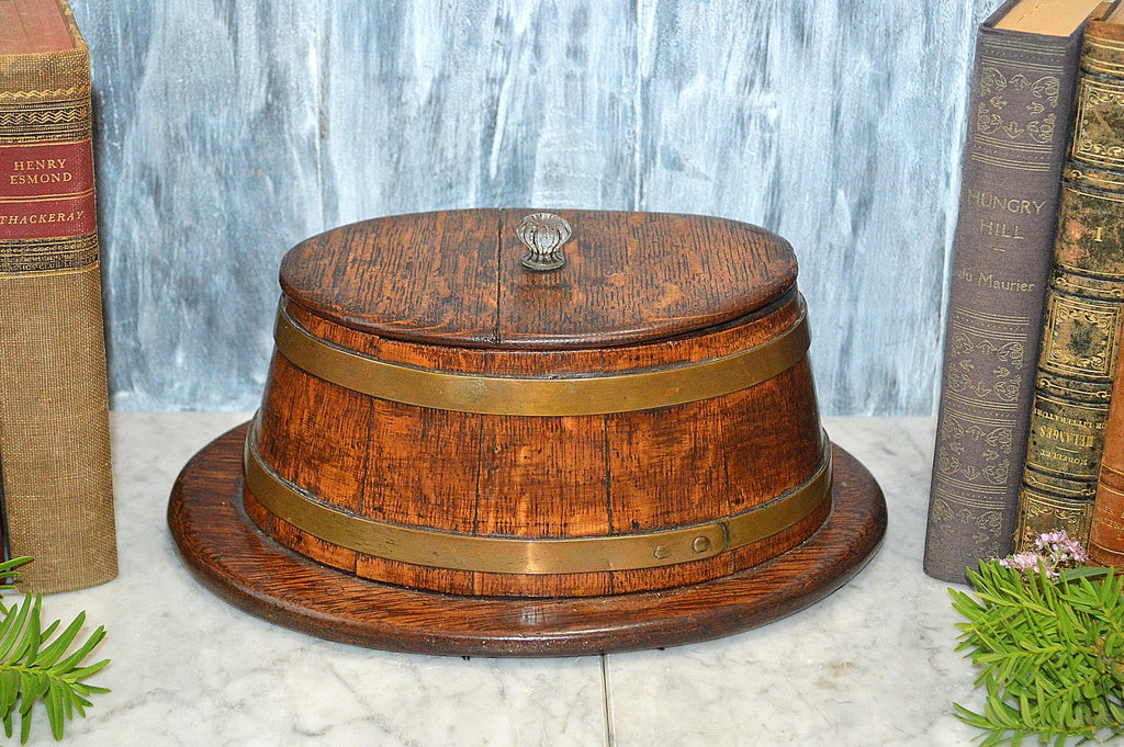Antique Tea Caddy English Wood Oak Oval Box Brass Banding Glass Knob