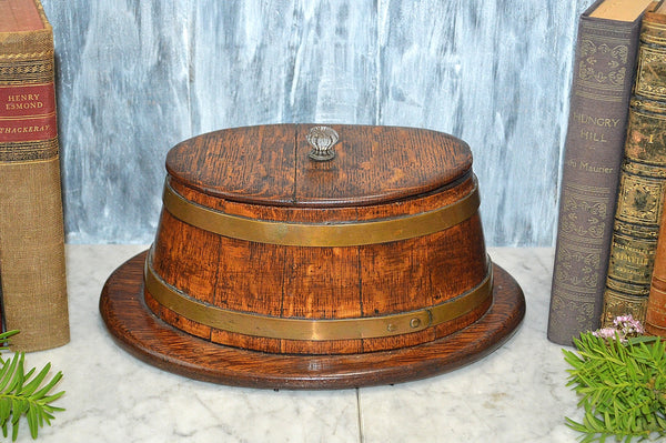 Antique Tea Caddy English Wood Oak Oval Box Brass Banding Glass Knob