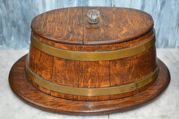 Antique Tea Caddy English Wood Oak Oval Box Brass Banding Glass Knob