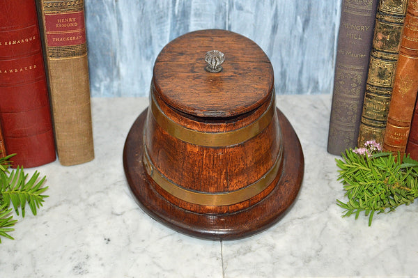 Antique Tea Caddy English Wood Oak Oval Box Brass Banding Glass Knob