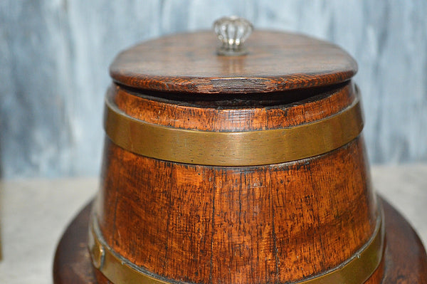 Antique Tea Caddy English Wood Oak Oval Box Brass Banding Glass Knob