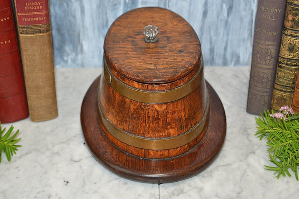 Antique Tea Caddy English Wood Oak Oval Box Brass Banding Glass Knob