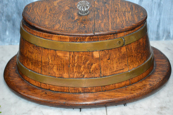 Antique Tea Caddy English Wood Oak Oval Box Brass Banding Glass Knob