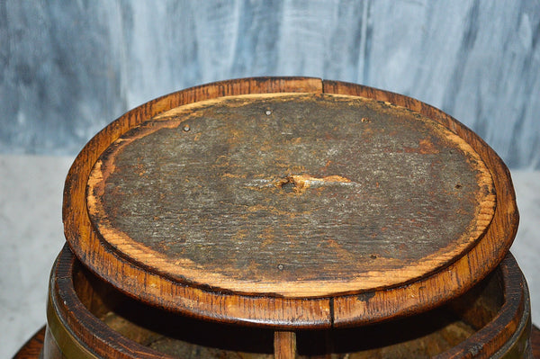 Antique Tea Caddy English Wood Oak Oval Box Brass Banding Glass Knob