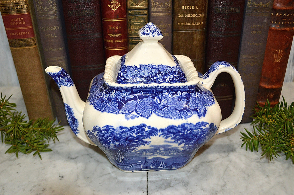 Vintage English Blue Transferware Teapot Mason's Vista with Lid Ironstone