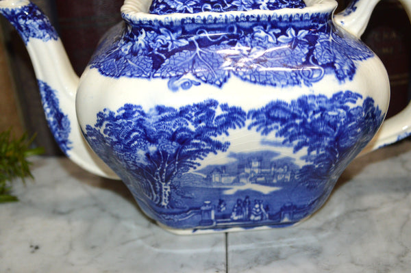 Vintage English Blue Transferware Teapot Mason's Vista with Lid Ironstone